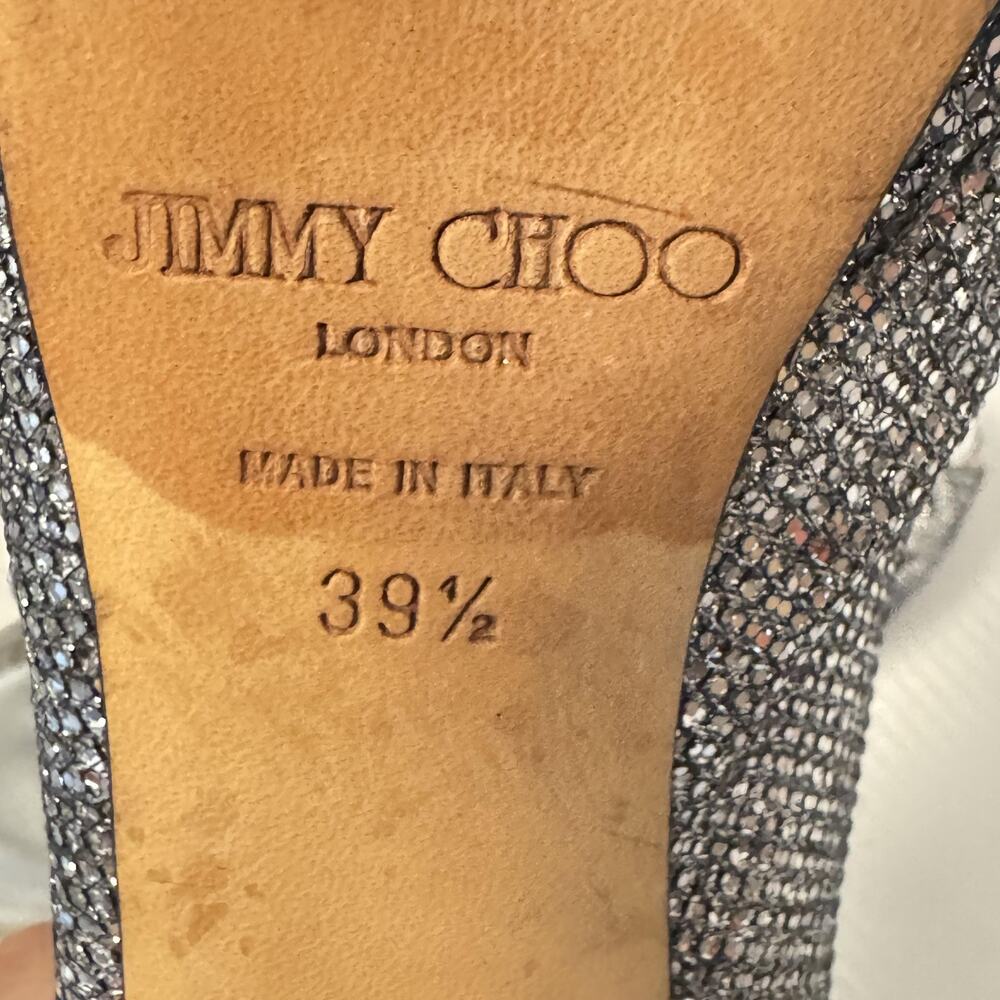 Jimmy Choo Shoes Womens 9.5 Silver Peep Toe Slingback Glitter Crystal Bow Heels - Picture 12 of 13